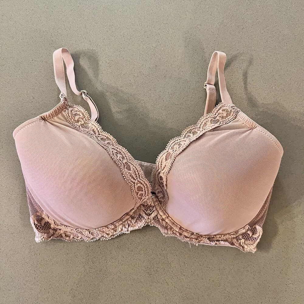 Natori Feathers Plunge Bra 36D Lace Mesh Underwire T-Shirt Push Blush Nude EUC